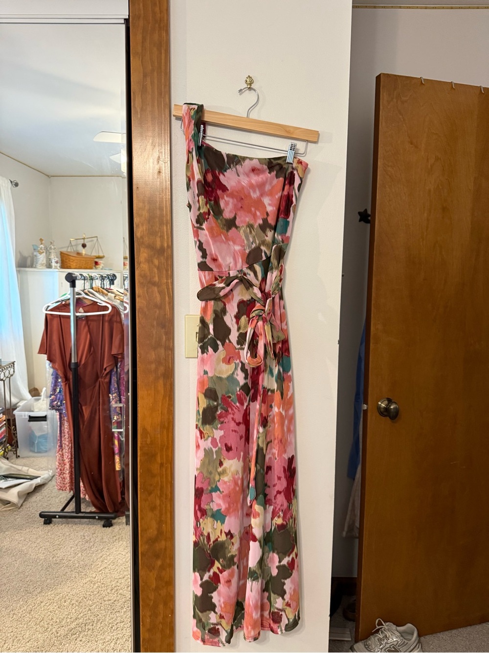 Floral Strapless Maxi Dress with Tie Waist - Pink Multi
